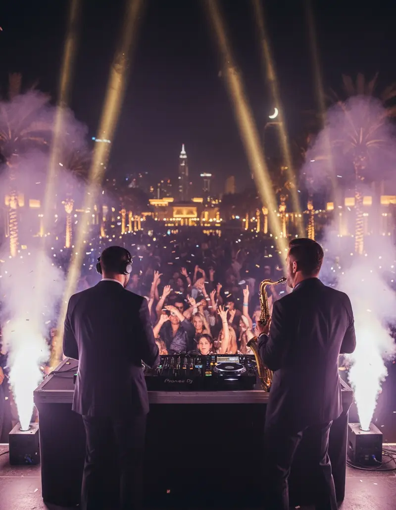 DJ and saxophonist performing together on stage at a Dubai party