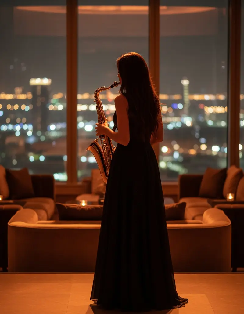 Female saxophonist in a black evening dress playing in a Dubai lounge