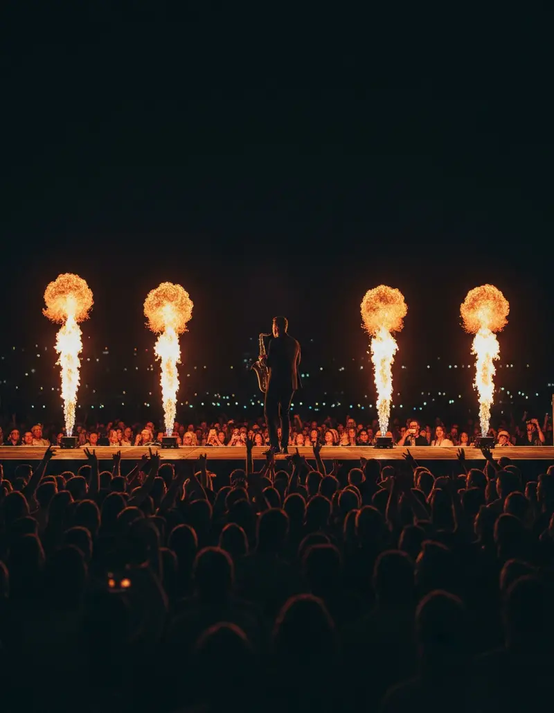 Fire saxophonist performing on an outdoor stage between flame jets at night
