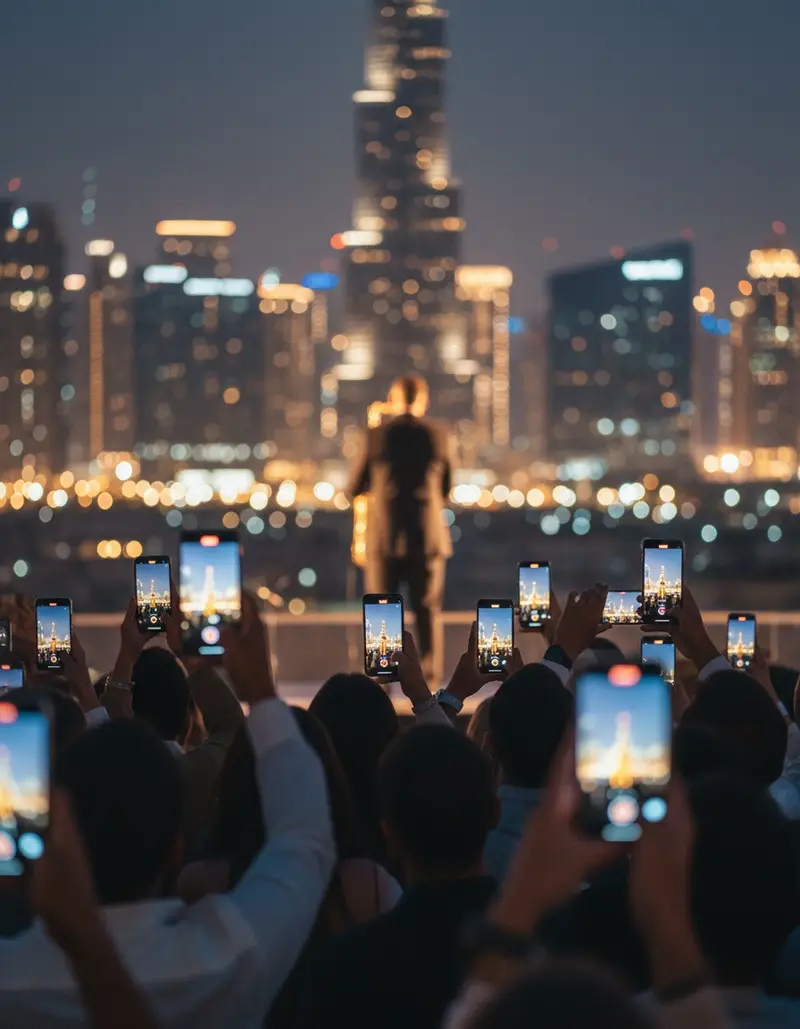 Guests filming a saxophonist at an evening reception in Dubai