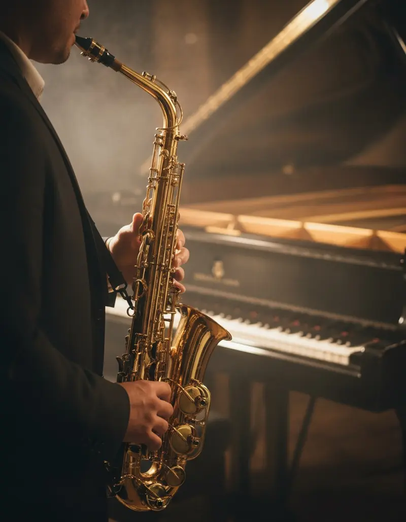 Jazz saxophonist playing a gold tenor saxophone in a dim lounge beside a grand piano
