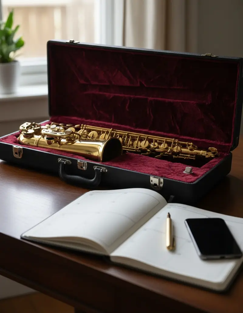 Saxophone in its case beside a planning notebook for booking a saxophonist