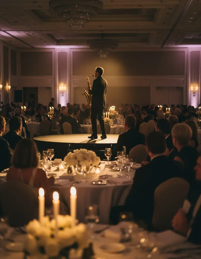 Saxophonist on stage at a corporate gala dinner in a hotel ballroom