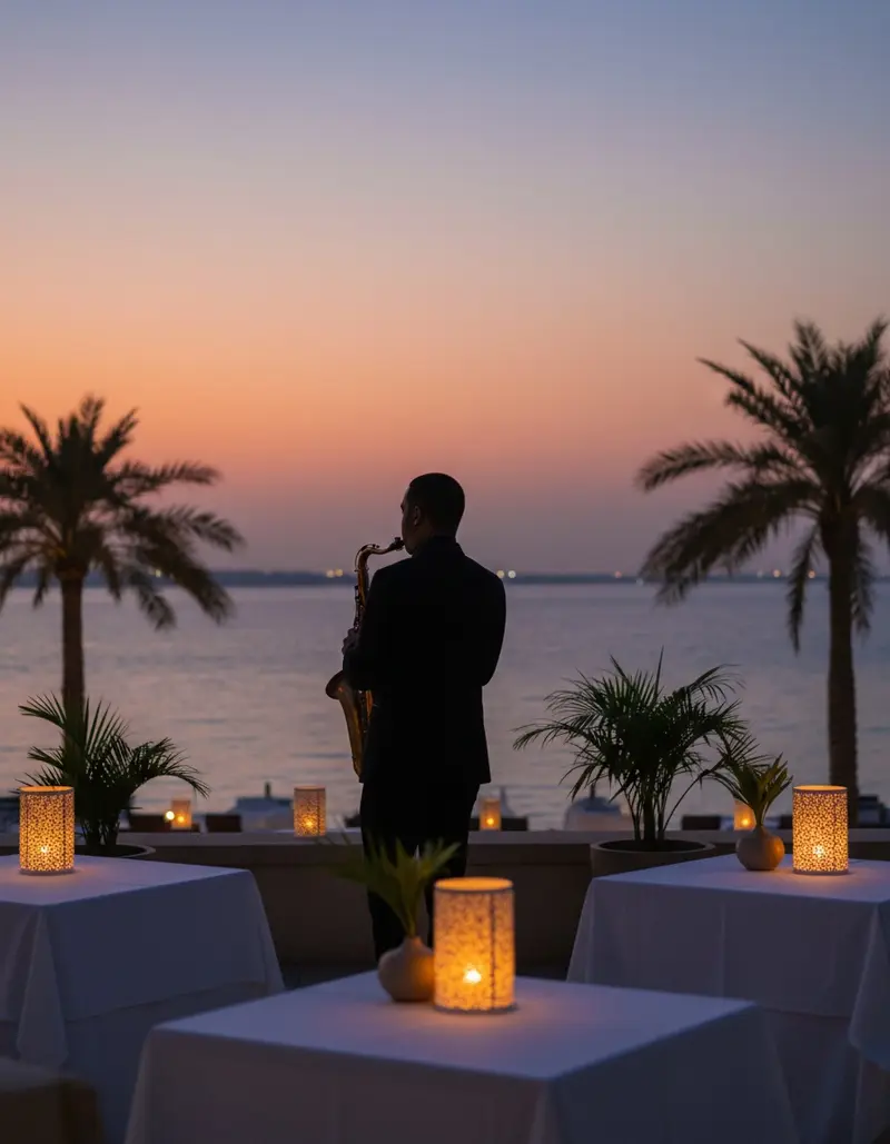 Saxophonist performing on a beachfront terrace in Abu Dhabi at dusk