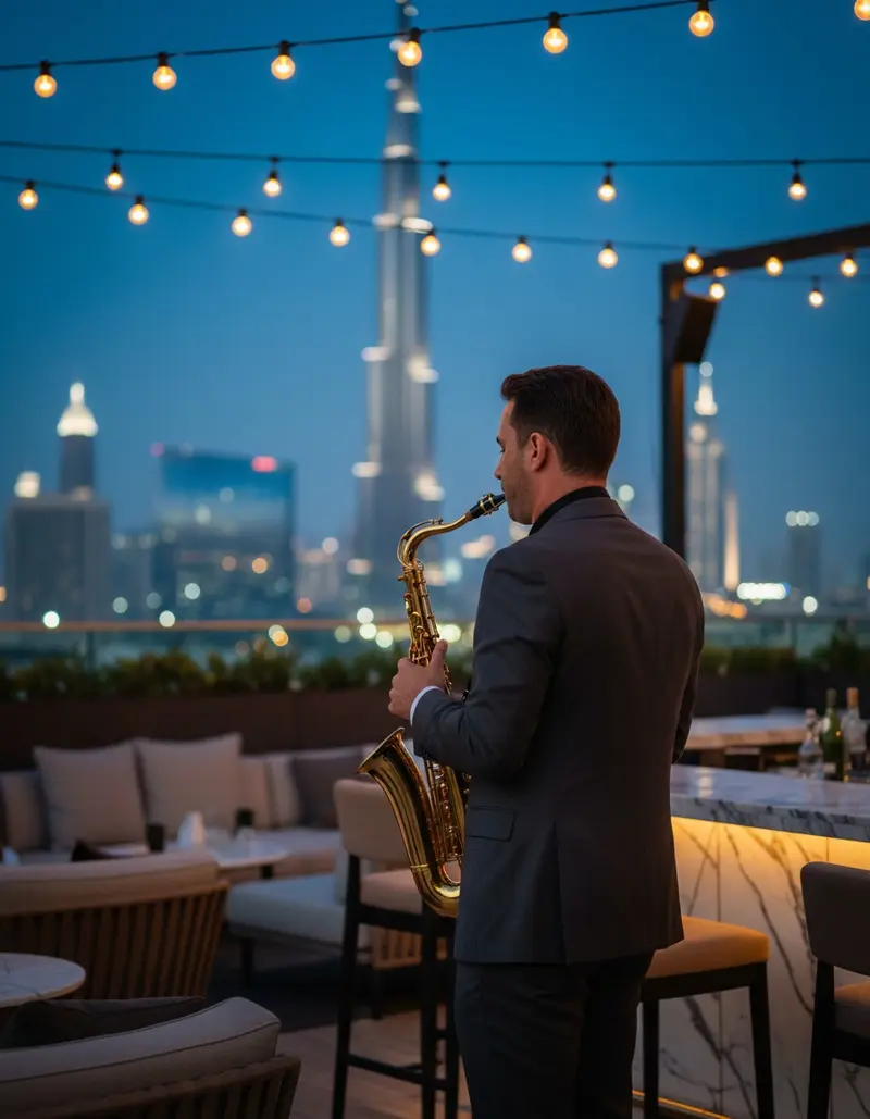 Saxophonist playing at a rooftop evening event in Dubai with the Burj Khalifa behind