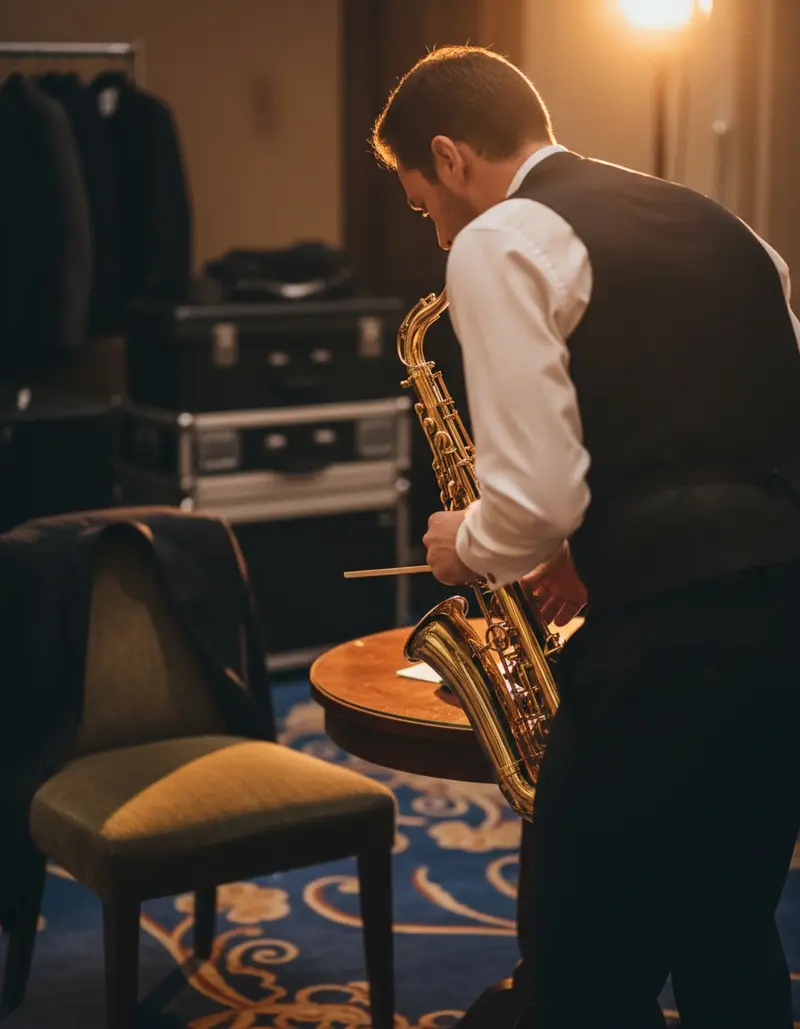 Saxophonist preparing his saxophone backstage before a hotel event